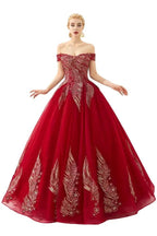Modern Sleeveless aline Ball Gown Gold Appliques Off the Shoulder Tulle Party Gowns