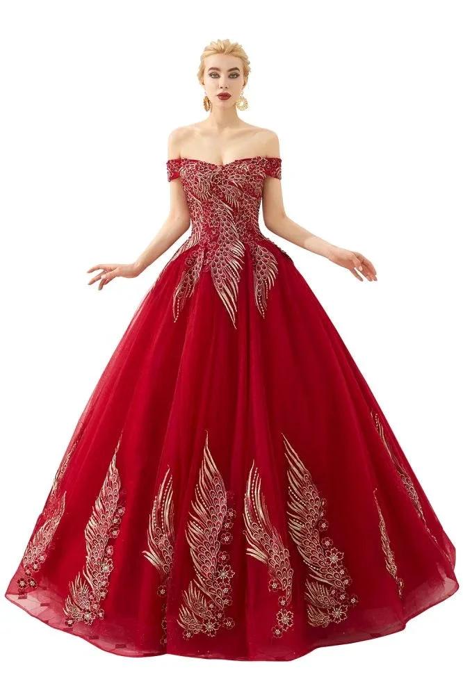 Modern Sleeveless aline Ball Gown Gold Appliques Off the Shoulder Tulle Party Gowns