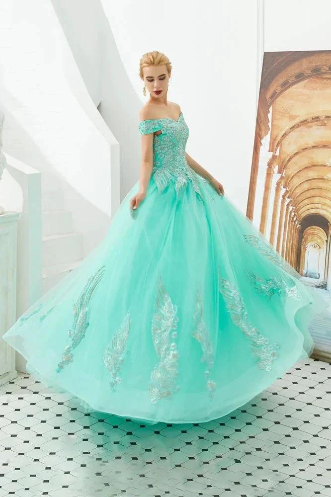 Modern Sleeveless aline Ball Gown Gold Appliques Off the Shoulder Tulle Party Gowns