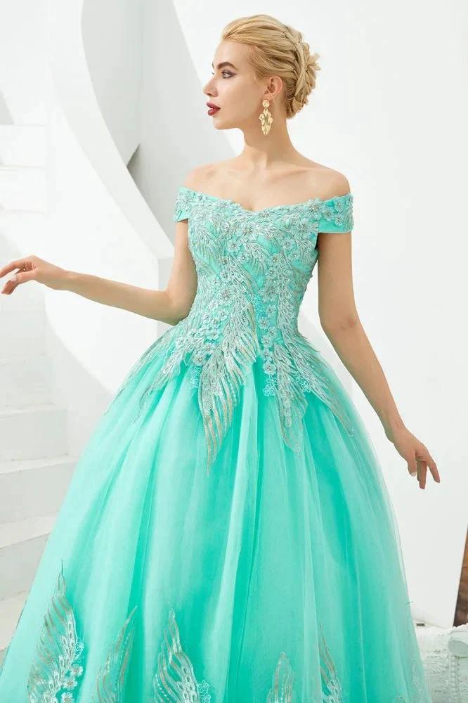 Modern Sleeveless aline Ball Gown Gold Appliques Off the Shoulder Tulle Party Gowns