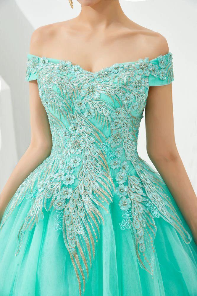 Modern Sleeveless aline Ball Gown Gold Appliques Off the Shoulder Tulle Party Gowns