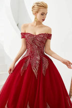 Modern Sleeveless aline Ball Gown Gold Appliques Off the Shoulder Tulle Party Gowns