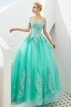 Modern Sleeveless aline Ball Gown Gold Appliques Off the Shoulder Tulle Party Gowns