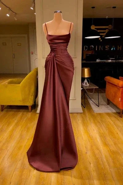 Modern Spaghetti Straps Satin Sleeveless Mermaid Prom Dress