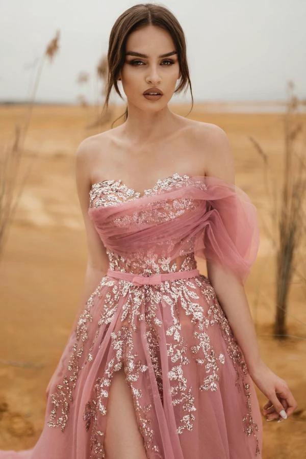 Modest A-line Strapless Tulle Lace Long Prom dress with Slit