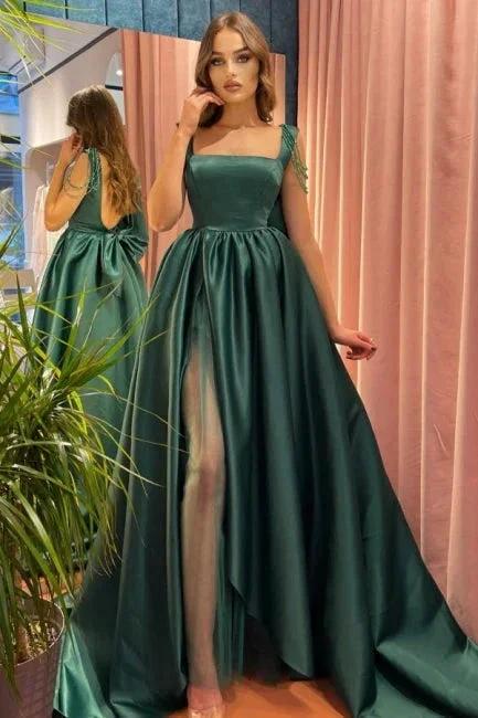 Modest Green A-Line Square Neckline Straps Prom Dresses with Slit