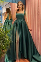 Modest Green A-Line Square Neckline Straps Prom Dresses with Slit