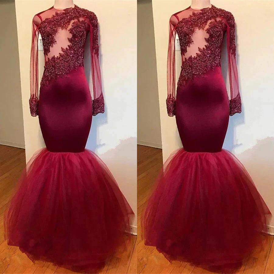 Modest Lace Appliques Long Sleeve Mermaid Prom Dress