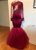 Modest Lace Appliques Long Sleeve Mermaid Prom Dress