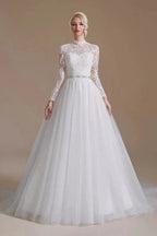 Modest Long A-line High Neck Tulle Lace Wedding Dresses with Sleeves