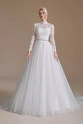 Modest Long A-line High Neck Tulle Lace Wedding Dresses with Sleeves