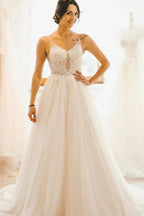 Modest Long A-line Spaghetti Straps Tulle Backless Wedding Dress