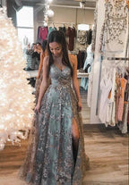 Modest Long A-line V-neck Open Back Tulle Prom Dress with slit