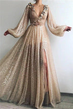 Modest Long A-line V-neck Sequined Prom Dress with Slit
