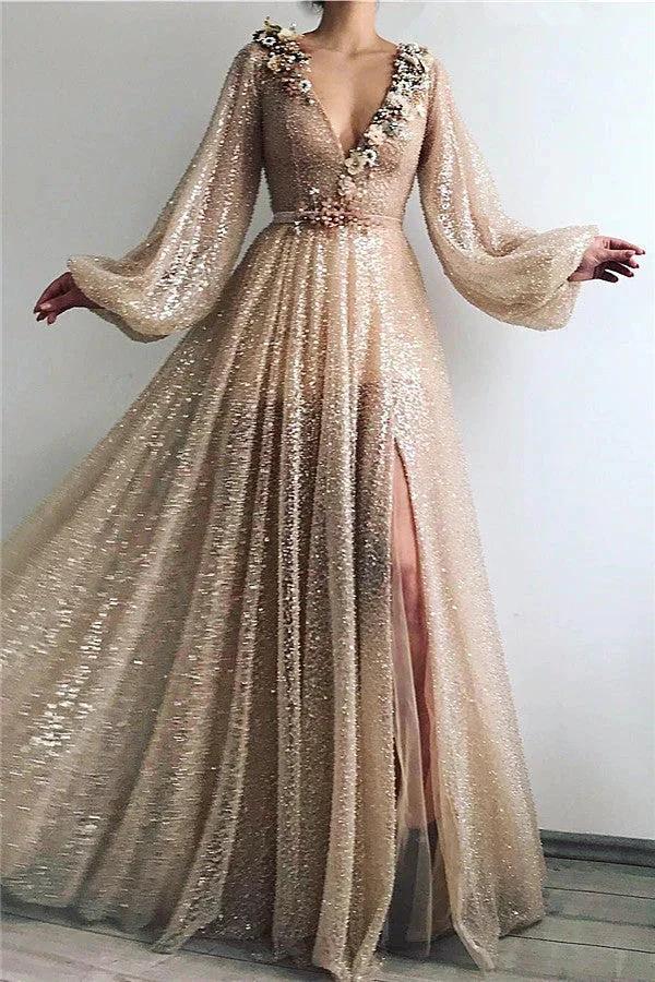 Modest Long A-line V-neck Sequined Prom Dress with Slit