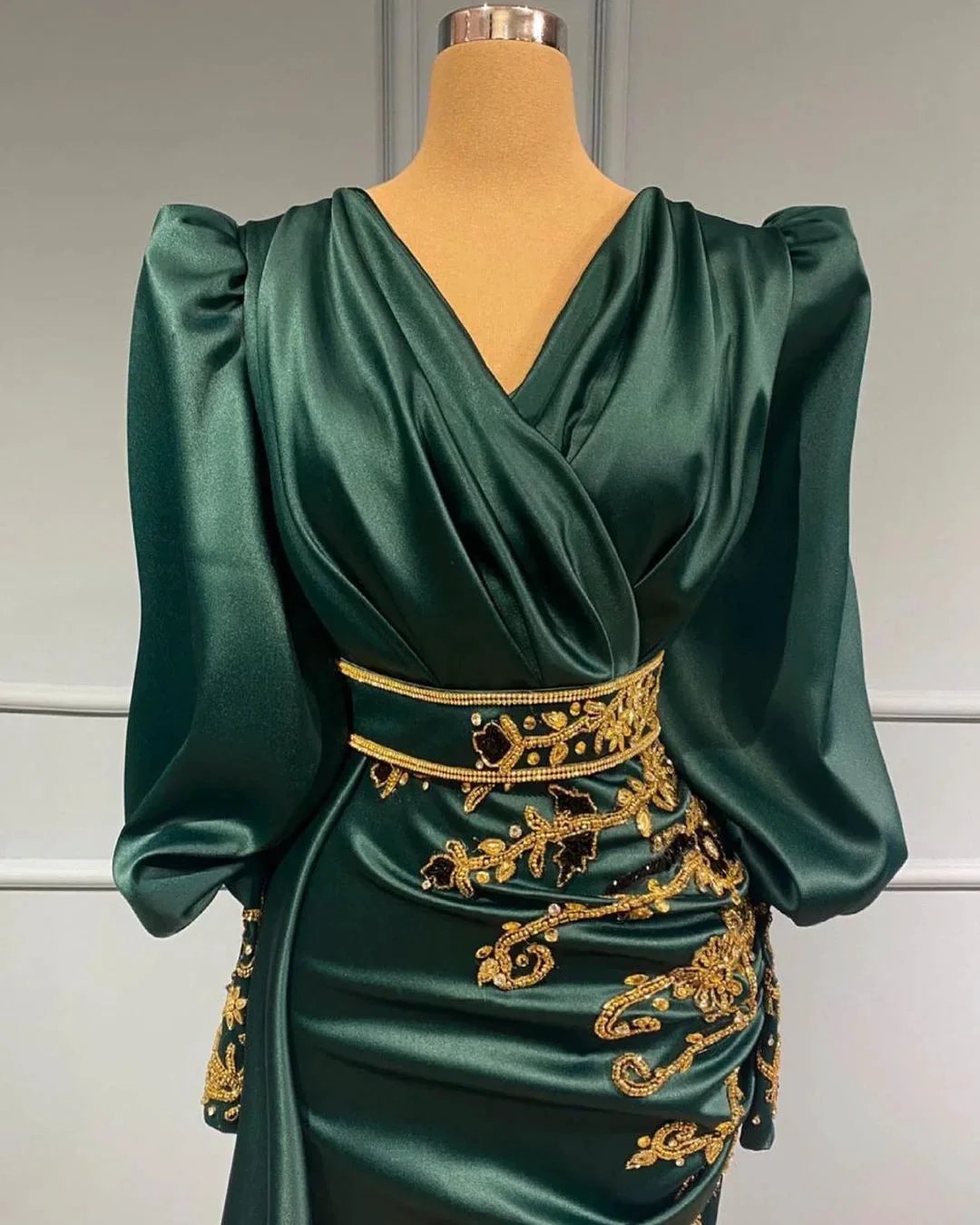 Modest Long Mermaid Satin Beading V-neck Prom Dress with Sleeves