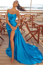 Modest Long Mermaid Silk-like Satin Formal Prom Dress with Slit