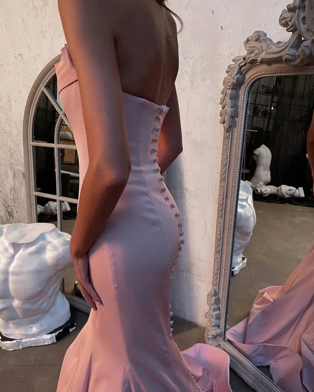 Modest Long Mermaid Strapless Satin Pink Prom Dress