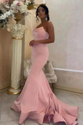Modest Long Mermaid Strapless Satin Pink Prom Dress