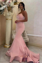 Modest Long Mermaid Strapless Satin Pink Prom Dress