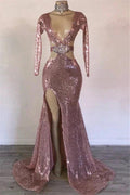 Modest Long Mermaid V-neck Sequined Front Slit Prom Dress with Sleeves