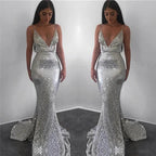 Modest Long Mermaid V-neck Sequined Open Back Prom Dress