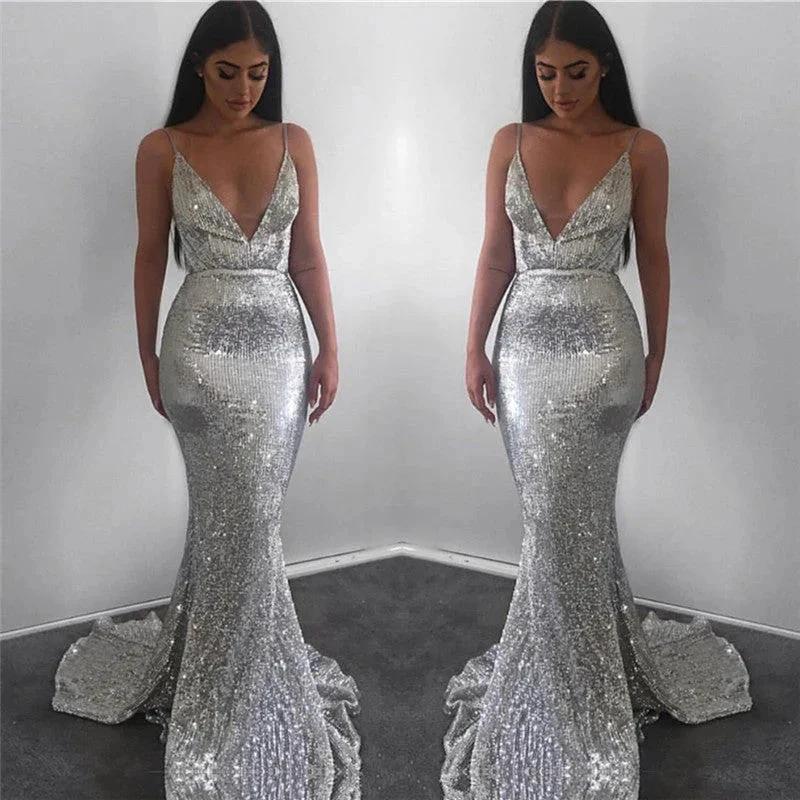 Modest Long Mermaid V-neck Sequined Open Back Prom Dress