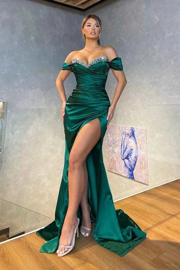 Modest Long Off the shoulder Satin Mermaid Prom Dress with Slit