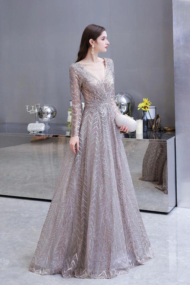 Modest Long Sleeves V-Neck Princess Prom Dress Sequined Aline Party Gown