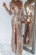 Modest Long V-neck Tulle Column Sequined Prom Dress with Sleeves