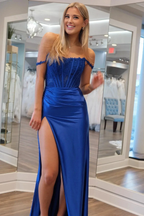 Moonlit | Emerald Satin Off-the-Shoulder Mermaid Long Formal Dress with Slit