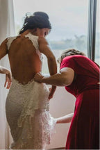 White Halter Lace Sweep Train Beach Wedding Dresses Appliques Wedding Gown MW161