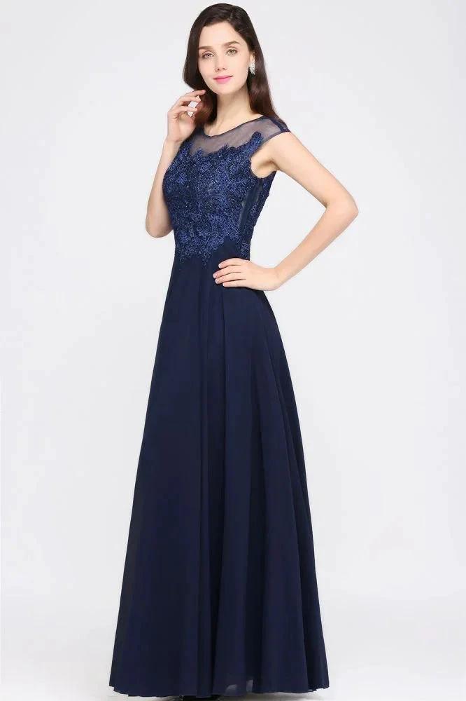 Navy Blue A-line Scoop Appliques Chiffon Prom Dress