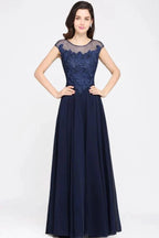 Navy Blue A-line Scoop Appliques Chiffon Prom Dress