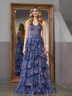 Grey Blue Princess A Line Off the Shoulder Corset Prom Dress with Lace Ruffles