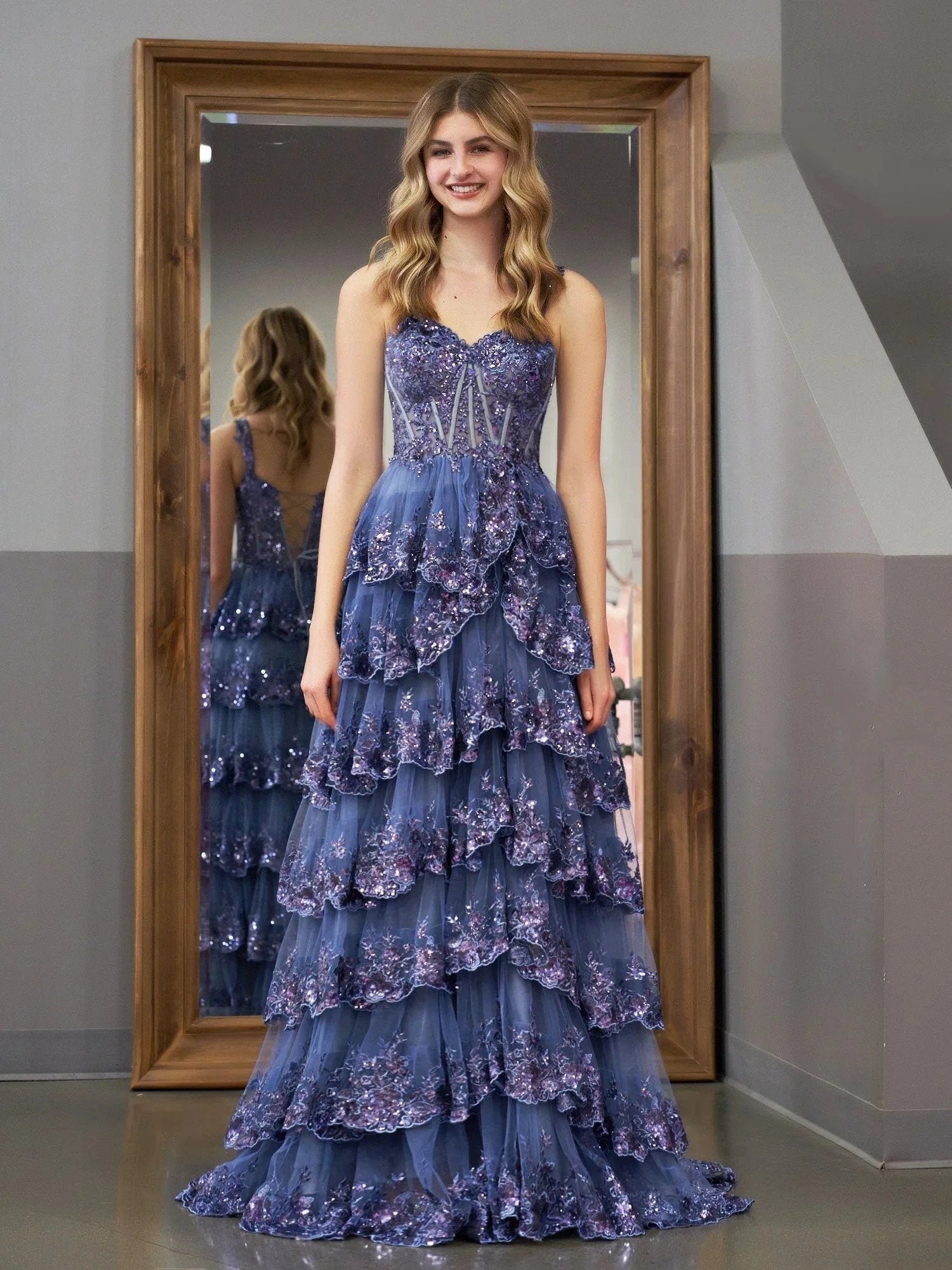 Grey Blue Princess A Line Off the Shoulder Corset Prom Dress with Lace Ruffles
