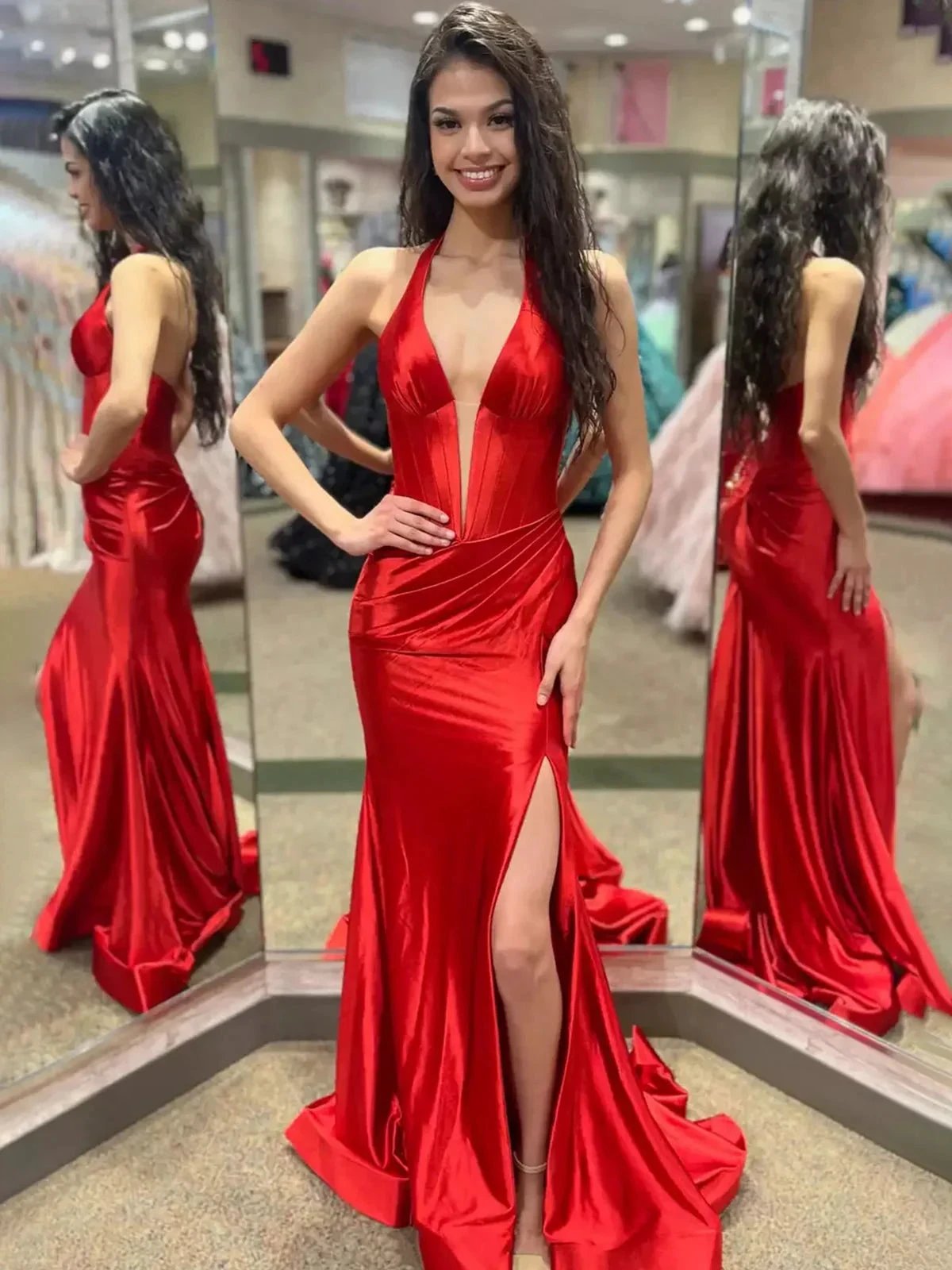 Josie | Navy Halter Corset Mermaid Plunging Deep V-neck Ruched Long Formal Dress with Slit