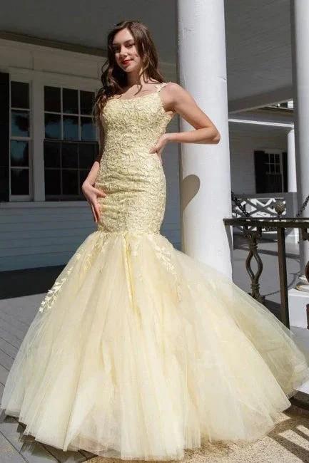 Nectarean Appliques Lace Square Neckline Spaghetti Straps Sleeveless Floor-length Mermaid Prom Dresses