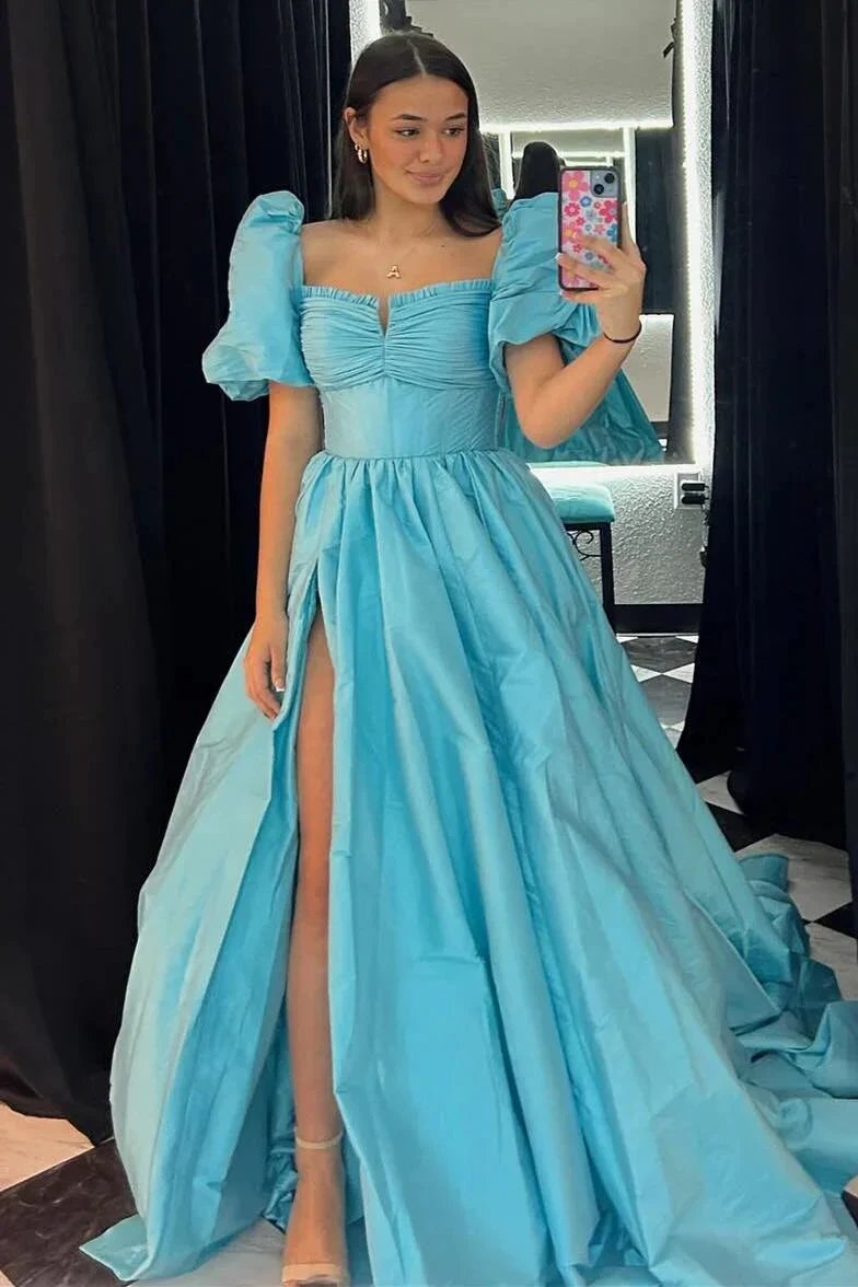 Lynette | Square Neck Fuchsia Puff Sleeves A-Line Prom Dress
