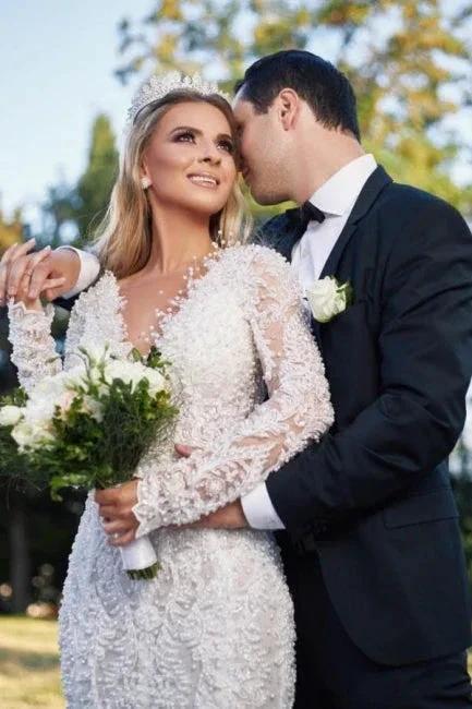 Noble vneck longsleeves mermaid lace Wedding dresses