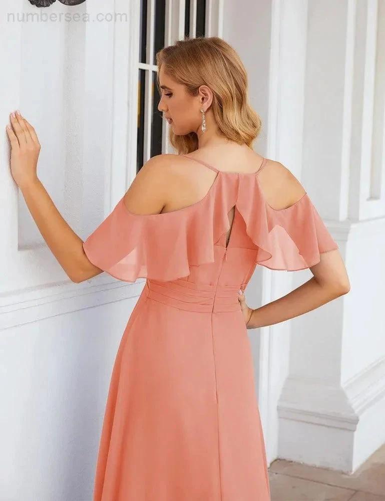 Numbersea Chiffon Cold Shoulder Long Bridesmaid Dresses Plus Size Formal Prom Gowns for Women Party Wedding  SEA28070