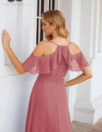 Numbersea Chiffon Cold Shoulder Long Bridesmaid Dresses Plus Size Formal Prom Gowns for Women Party Wedding  SEA28070