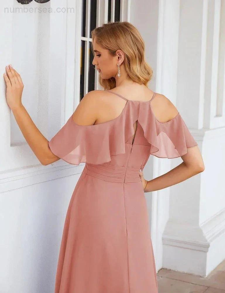 Numbersea Chiffon Cold Shoulder Long Bridesmaid Dresses Plus Size Formal Prom Gowns for Women Party Wedding  SEA28070