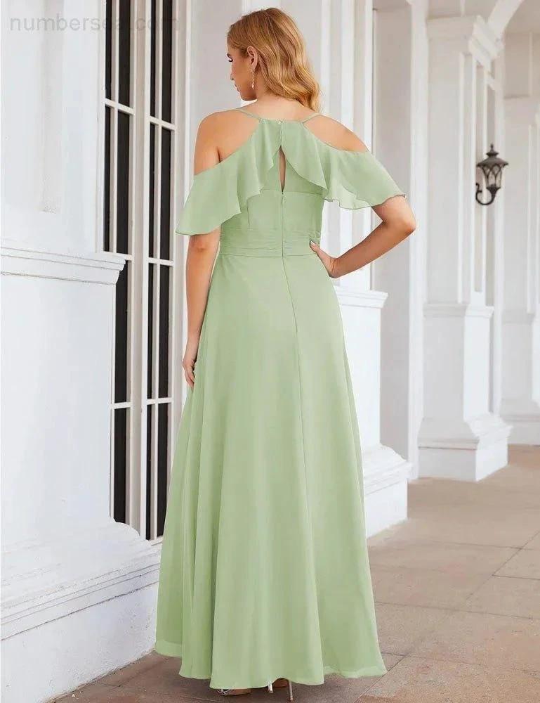Numbersea Chiffon Cold Shoulder Long Bridesmaid Dresses Plus Size Formal Prom Gowns for Women Party Wedding  SEA28070