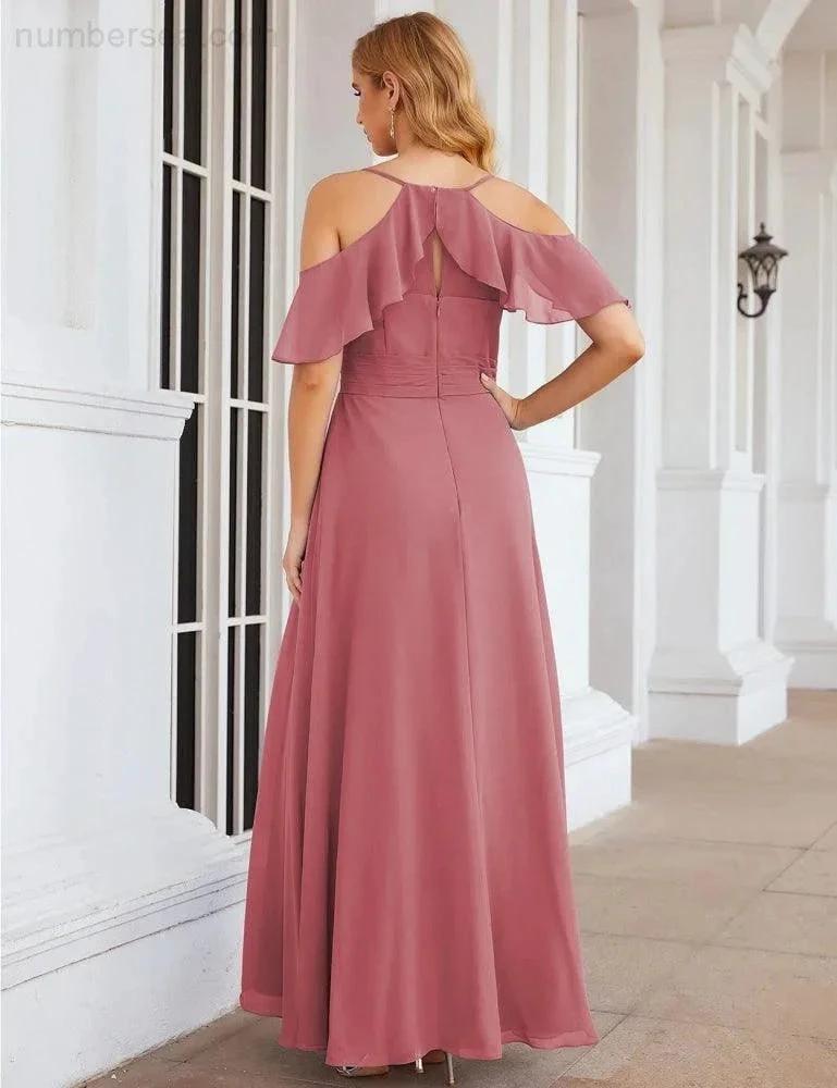 Numbersea Chiffon Cold Shoulder Long Bridesmaid Dresses Plus Size Formal Prom Gowns for Women Party Wedding  SEA28070