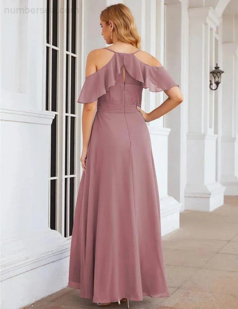Numbersea Chiffon Cold Shoulder Long Bridesmaid Dresses Plus Size Formal Prom Gowns for Women Party Wedding  SEA28070