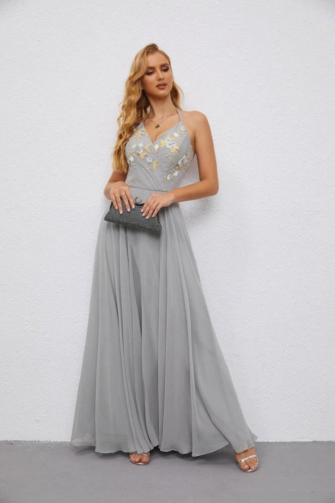 Numbersea Ladies Halter Backless Ruffle V Neck Embroidery and Floor Length Bridesmaid Evening Dress Wedding 28079