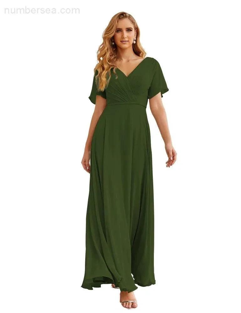 Numbersea Wrap V-Neck Chiffon Bridesmaid Dresses Long Formal Maxi Evening Gown for Wedding Guests  SEA28049