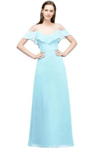 Off-shoulder V-neck A-line Spaghetti Long Chiffon Prom Dresses