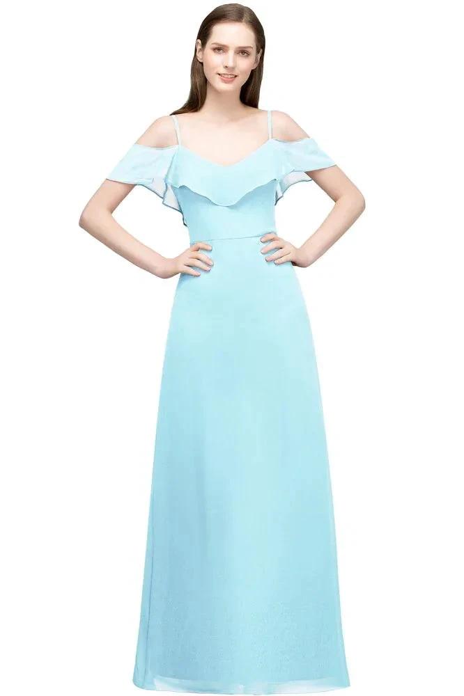 Off-shoulder V-neck A-line Spaghetti Long Chiffon Prom Dresses
